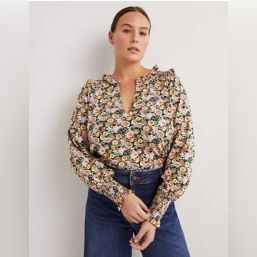 Boden Notch Neck Smocked Frill Top